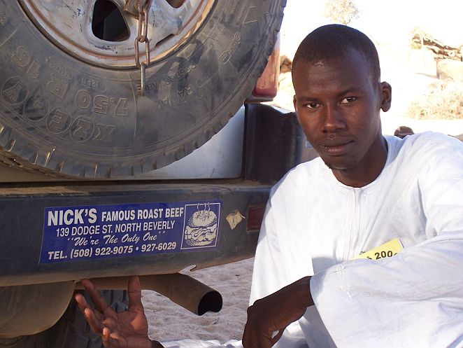 My Omega friend shows off my bumper sticker of the world-famous Nick's Roast Beef of Beverly, Massachusetts